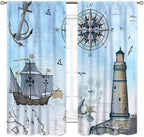 Nautical Curtains, Vintage Marine Coastal Sailboat Compass Anchor Ocean Beach Lighthouse Watercolor Blue Decorative Drapes for Bedroom Living Room Kitchen Bathroom Window 2 Panels Set, 63"x72" Inch