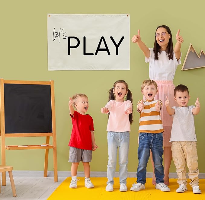 Let's Play-Playroom Rectangular Canvas Banner Flag Poster Wall Sign Decor for Boy Girl Kids Teen,Nursery Playroom Homeschool Baby Room Bedroom Home Dorm Decor-Baby Shower Birthday Christmas Gift