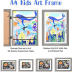 KINLINK A4 Kids Art Frames Set of 2, Solid Wood Kids Artwork Frames Changeable with Acrylic Front Opening Holds 150 Pictures 8.3x11.7, Art Frame for Kids Artwork with Mat or without Mat, Grey