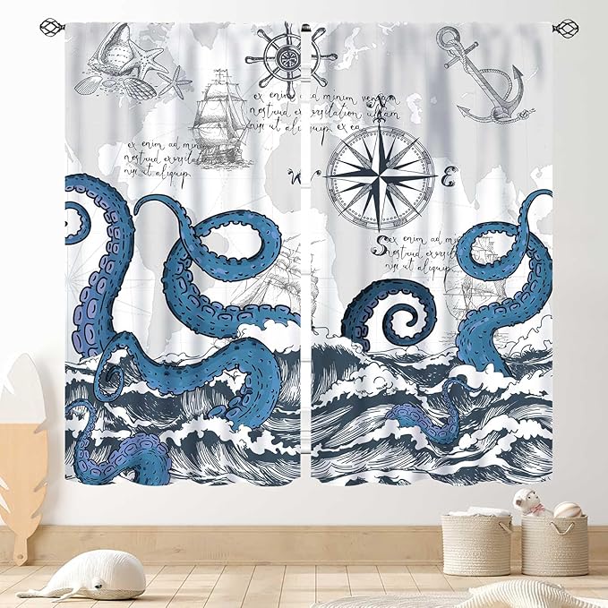 Nautical Curtains, Coastal Old Pirate Map Sailboat Compass Anchor Vintage Ocean Kraken Octopus Tentacles Blue Marine Window Drapery Treatment for Bedroom Living Room Kitchen Bathroom, 42"x63" Inch