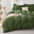 HYMOKEGE Olive Green California King Comforter Set Seersucker 7 Pieces, All Season Luxury Bed in a Bag for Bedroom, Bedding Set with Comforter, Sheets, Pillowcases & Shams
