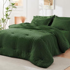 HYMOKEGE Dark Green California King Comforter Set Seersucker 7 Pieces, All Season Luxury Bed in a Bag Queen for Bedroom, Bedding Set with Comforter, Sheets, Pillowcases & Shams