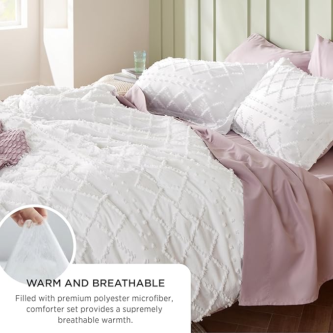 Bedsure Twin Comforter Set - Lavender Comforter, Boho Tufted Shabby Chic Bedding for Kids, 2 Pieces Vintage Farmhouse Bed Set for All Seasons, Fluffy Soft Bedding with 1 Pillow Sham