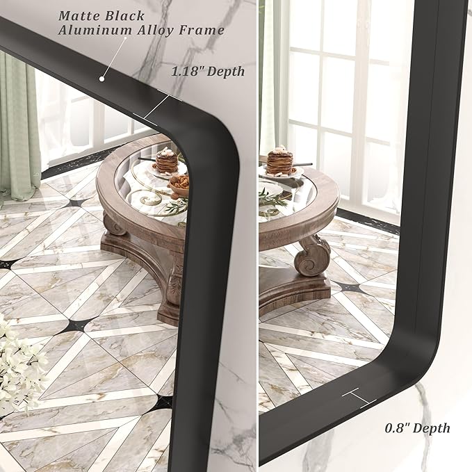 60x40 Inch Black Metal Framed Bathroom Mirror for Wall, Large Rounded Rectangle Mirror, Matte Black Bathroom Vanity Mirror, Anti-Rust, Shatterproof, Hangs Horizontally or Vertically