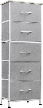 WLIVE Fabric Dresser, 5-Drawer Tall Dresser for Bedroom, Storage Dresser Organizer with Fabric Bins, Wood Top, Sturdy Steel Frame, Chest of Drawers for Closet, Hallway, Light Grey