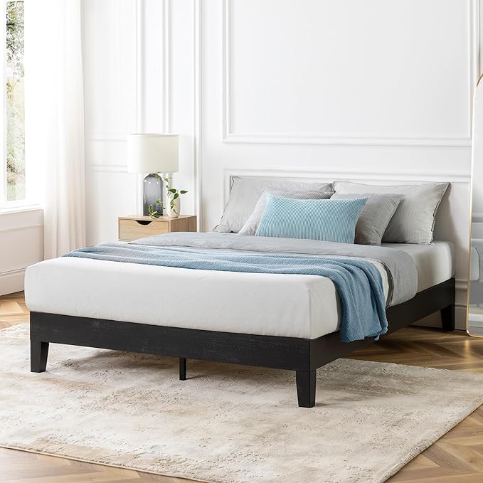 Mellow Naturalista Grand 12 Inch Solid Wood Platform Bed with Wooden Slats, Easy Assembly, Queen, Black