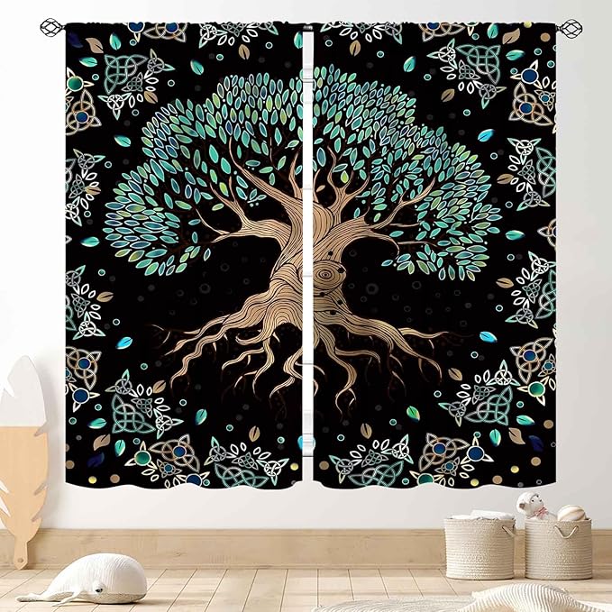 Tree of Life Curtains, Hippie Green Leaves Tree Life Vikings Celtic Nordic Aesthetic Mythology Window Drapery Treatments for Bedroom Living Room Bathroom 2 Panels, 42"x45" Inch