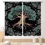 Tree of Life Curtains, Hippie Green Leaves Tree Life Vikings Celtic Nordic Aesthetic Mythology Window Drapery Treatments for Bedroom Living Room Bathroom 2 Panels, 42"x45" Inch