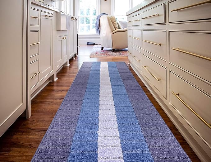 Custom Size Coastal Nautical Style Runner Rug Carpet for Hallway Entryway, Slip Resistant Latex Rubber Backed, 31 inch Wide X Customized Length, Squares Blue, 31 inch X 16 feet