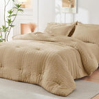 HYMOKEGE Khaki Twin Comforter Set Seersucker 5 Pieces, All Season Luxury Bed in a Bag for Bedroom, Bedding Set with Comforter, Sheets, Pillowcase & Sham