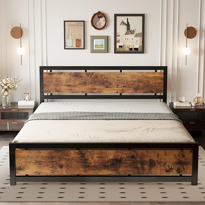 LIKIMIO California King Bed Frame with Headboard and Footboard, Metal Strong Supports, Easy Assembly, Noise-Free, No Box Spring Needed, Vintage Brown