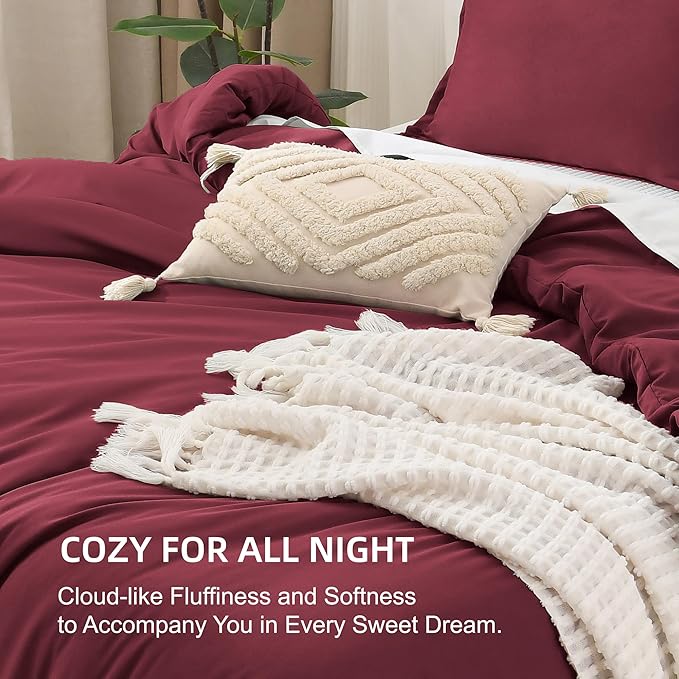 Litanika Burgundy Red Comforter Set King Size, 3 Pieces Lightweight Solid Bedding Comforter Set, All Season Fluffy Bed Set (104x90In Comforter & 2 Pillowcases)