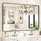 55x36 Bronze Framed Bathroom Mirror, Rectangle Brushed Bronze Metal Vanity Mirror, Large Modern Mirror for Wall, Rounded Corner, Tempered Glass, Anti-Rust, Shatterproof (Horizontal/Vertical)
