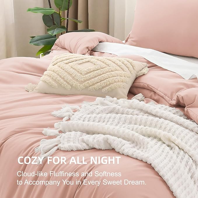 Litanika Pink Comforter Set King Size, 3 Pieces Blush Plain Bedding Comforter Set, All Season Bed Set (90x90In Comforter & 2 Pillowcases)