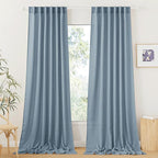 RYB HOME Linen Curtains 120 inches Long, Extra Long Floor Sweeping Semi Sheer Curtains Light Filtering Privacy Linen Blend Drapes for Sliding Glass Door Living Room, 52" inches Wide, Dusty Blue