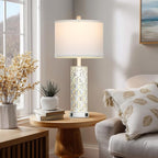 Set of 2 Rustic Table Lamps for Living Room Bedroom, Vintage Farmhouse Nightstand Lamp with 2 USB Ports, Hollow Out Metel Lamp for End Table with Nightlight (White)