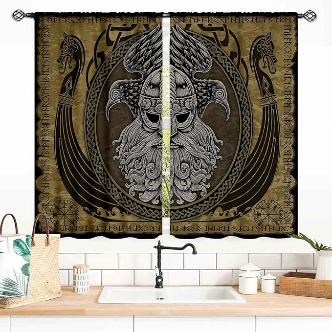 Norse Viking Curtains, Nordic Warriors Sword Celtic Rune Scandinavian Aesthetic Nation Valknut Mythology Window Drapery for Bedroom Living Room Bathroom 2 Panels, 55x39 Inch