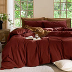MooMee Bedding Duvet Cover Set 100% Washed Cotton Linen Like Textured Breathable Durable Soft Comfy (Solid Fired Brick Red, Queen 90"x90")