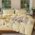 MooMee Bedding Duvet Cover Set 100% Washed Cotton Linen Like Textured Breathable Durable Soft Comfy (Heathered Butter Yellow, Palatial King/Oversized King 120"x98")