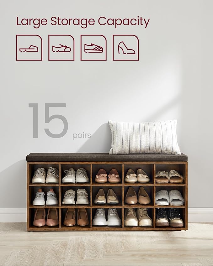 VASAGLE CUSTOS Collection - Shoe Bench, Storage Bench with Padded Seat, Entryway Bench with 15 Compartments, for Bedroom, 11.8 x 41.3 x 18.9 Inches, Rustic Brown and Chestnut Brown ULHS15BX