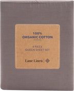 LANE LINEN 100% Organic Cotton Sheets King Size Machine Washable Fully Elasticized Soft & Comfy Mercerized Sustainably Produced All Season Eco Friendly Cotton Sheets sábanas King- Charcoal