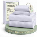 LANE LINEN 100% Organic Cotton Printed California King Sheets Set, 4-Piece All Season Fully Elasticized Deep Pocket Fits Mattress Upto 15", Mercerized Printed Cal King Sheet Set -Ticking Stripe Blue