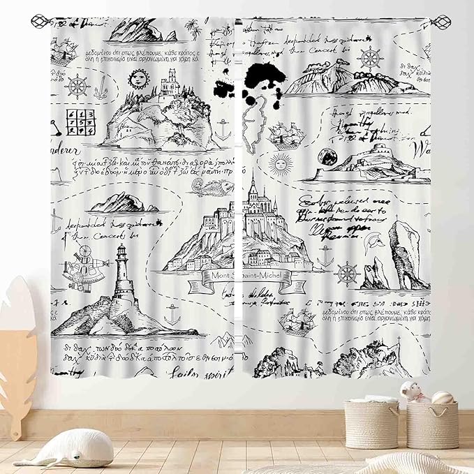 Vintage Nautical Curtains, Marine Coastal Sailboat Compass Anchor Ocean Beach Old Pirate Map Retro Window Drapery Treatments for Bedroom Living Room Kitchen Bathroom 2 Panels, 42"x45" Inch