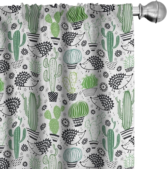 Ambesonne Cactus Curtains, Cartoon Style Inspired Drawing of Hedgehog Animals Saguaro and Prickly Pear, Window Treatments 2 Panel Set for Living Room Bedroom, Pair of - 28" x 84", White Green