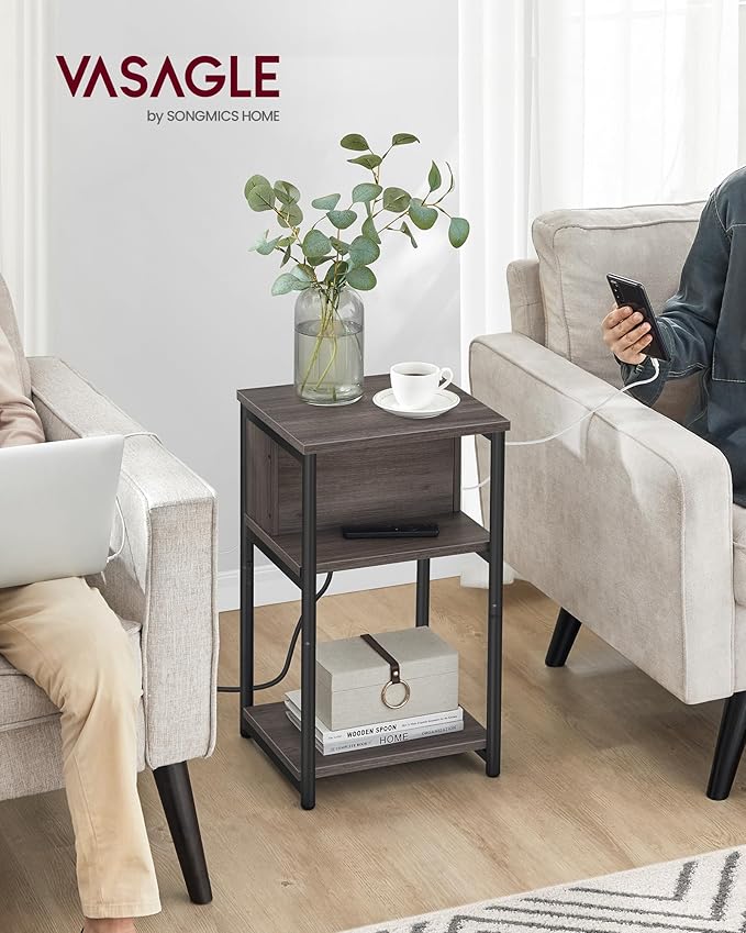 VASAGLE Side Table with Charging Station, 3-Tier End Table with USB Ports and Outlets, Nightstand for Living Room, Bedroom, 11.8 x 13.4 x 22.8 Inches, Plug-in Series, Chestnut Brown and Black