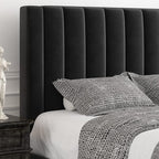 Allewie Queen Bed Frame/Velvet Upholstered Bed Frame with Vertical Channel Tufted Headboard/Strong Wooden Slats/Platform Bed Frame/Mattress Foundation/Box Spring Optional/Easy Assembly/Black