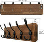 WEBI Rustic Coat Rack Wall Mount,Solid Wood Coat Hooks Wall Mounted Coat Hanger,16" Hole to Hole,Hook Rack Rail,5 Triple Hooks for Hanging Coats,Jacket,Clothes,Brown