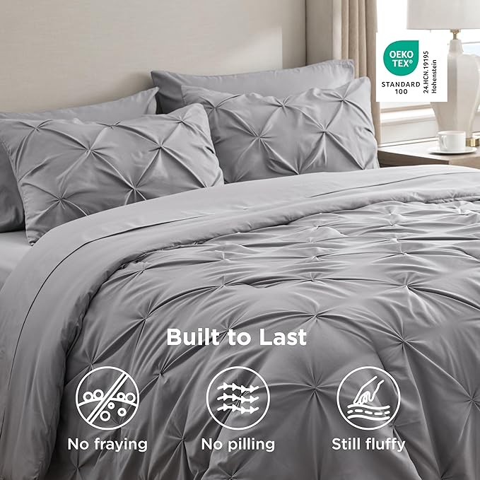 Bedsure California King Comforter Set Grey - Bed in a Bag Cal King Bedding Set 7 Pieces, GentleSoft™ Pintuck Bed Set Gift for Family, Pinch Pleat Grey Comforter with Sheets, Pillowcases & Shams