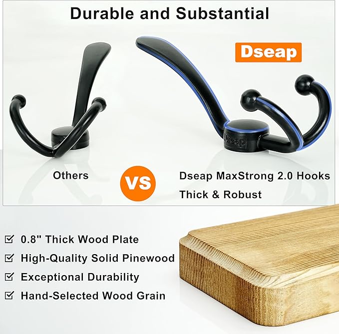 Dseap Coat Rack Wall Mounted - 24" Long 6 Tri Hooks, Heavy Duty Wooden Wall Coat Hanger Coat Hook for Clothes Hat Jacket Clothing, Weathered Blue and Black, Pack of 2