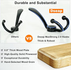 Dseap Coat Rack Wall Mount - Heavy-Duty Robust Rustic Wooden Wall Coat Hanger Hook Rail with 5 Triple Hooks for Winter Coats Hat Jacket Clothing, Light Brown & Black, Pack of 2