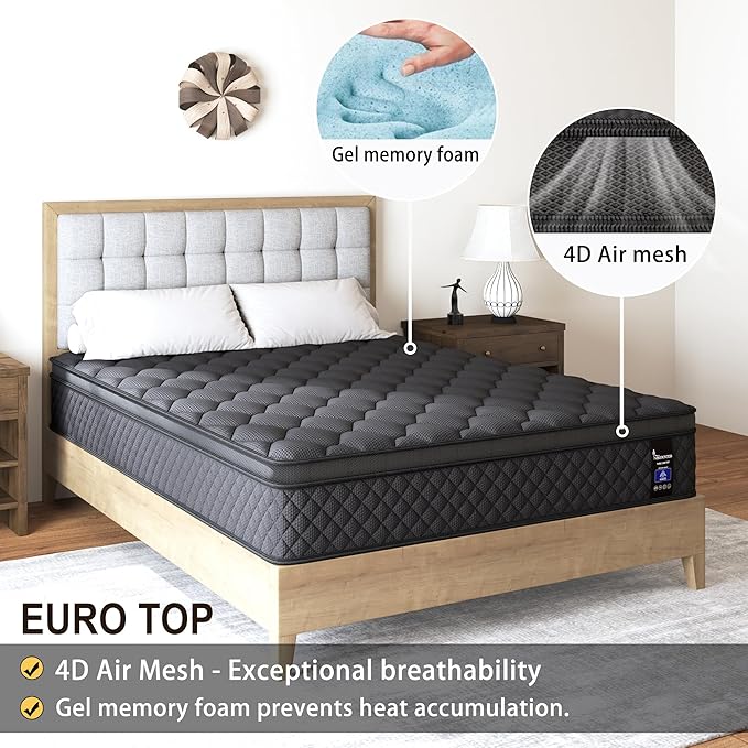 Queen Mattress, Hybrid Mattresses 10 Inch Euro Top Medium Firm for Back & Lumbar Support, 100 Night Trial, Individual Pocket Spring Bed for Motion Isolation & Pressure Relief Black
