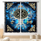 Tree of Life Curtains, Vikings Celtic Nordic Life Tree Scandinavian Aesthetic Mythology Blue Window Drapery Treatments for Bedroom Living Room Bathroom 2 Panels, 84"x84" Inch