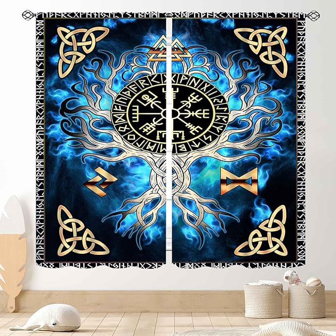 Tree of Life Curtains, Vikings Celtic Nordic Life Tree Scandinavian Aesthetic Mythology Blue Window Drapery Treatments for Bedroom Living Room Bathroom 2 Panels, 55"x63" Inch