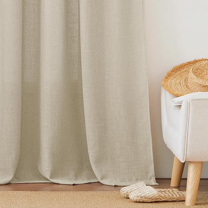 RYB HOME Semi Sheer Curtains - Linen Textured Sheer Privacy Curtains Light Filtering Semitransparent Rod Pocket Drapes for Bedroom Living Room Dining Window Decor, Beige, 52 x 72 inches, 2 Pcs
