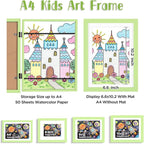 KINLINK A4 Kids Art Frames Set of 2, Solid Wood Kids Artwork Frames Changeable with Acrylic Front Opening Holds 150 Pictures, Art Frame for Kids Artwork with Mat or without Mat, Light Green