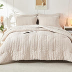 HYMOKEGE Beige Full Size Comforter Sets Seersucker 7 Pieces, All Season Luxury Bed in a Bag for Bedroom, Bedding Set with Comforters, Sheets, Pillowcases & Shams