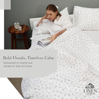 Linen Home 100% Cotton Printed Percale Sheets California King Size, Deep Pocket, 4 Pieces Set - 1 Flat, 1 Deep Pocket Fitted Sheet and 2 Pillowcases, Crisp Cool Bed Linen, Grey Silhouette Floral