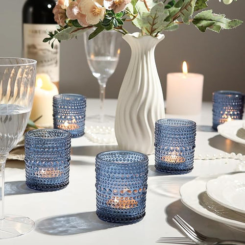 12 Pack Blue Votive Candles Holders - 2x2.5in Vintage Glass Votives Tealight Candle Holders for Table Centerpieces, Tea Light Candle Holder Decor for Wedding Bridal Shower Party