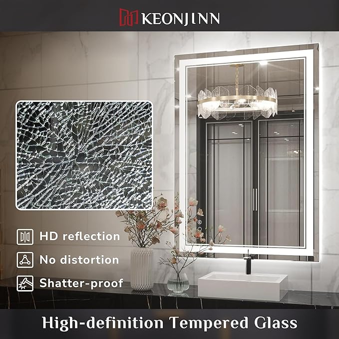 Keonjinn LED Mirror for Bathroom, 36 x 24 Inch, Wall Mounted, Dimmable, Anti-Fog, IP54 Waterproof, 3 Year Warranty