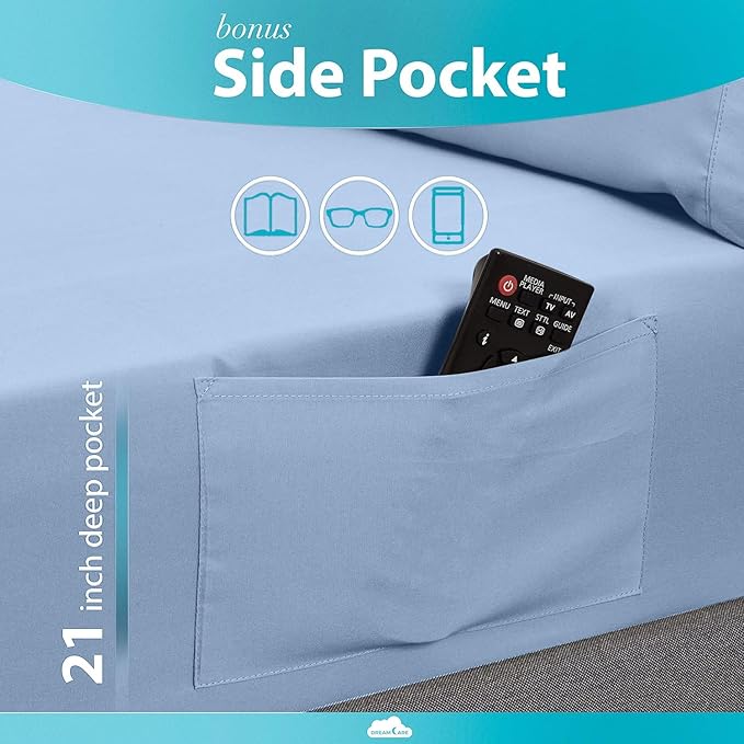 DREAMCARE Queen Sheet Set – 6 pcs Cooling Bed Sheets – up to 15” Deep Sheets Queen Size Bed Set – 2500 Supreme Collection – Extra Soft 100% Brushed Microfiber Hotel Luxury with Side Pocket – L Blue