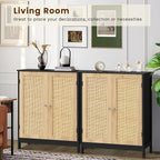 Iwell Storage Cabinet with Rattan Doors, Bathroom Storage Cabinet with Adjustable Shelf, Floor Cabinet for Living Room, Entryway, Kitchen, Home Office, Black