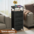 Furnulem Dresser for Bedroom, Tall Nightstand, Vertical Chest with Wood Top, Charging Station, LED Lights, 5 Fabric Bins, Bedside Table with Shelf, Furniture for Entryway (5 Drawer, Black Oak)