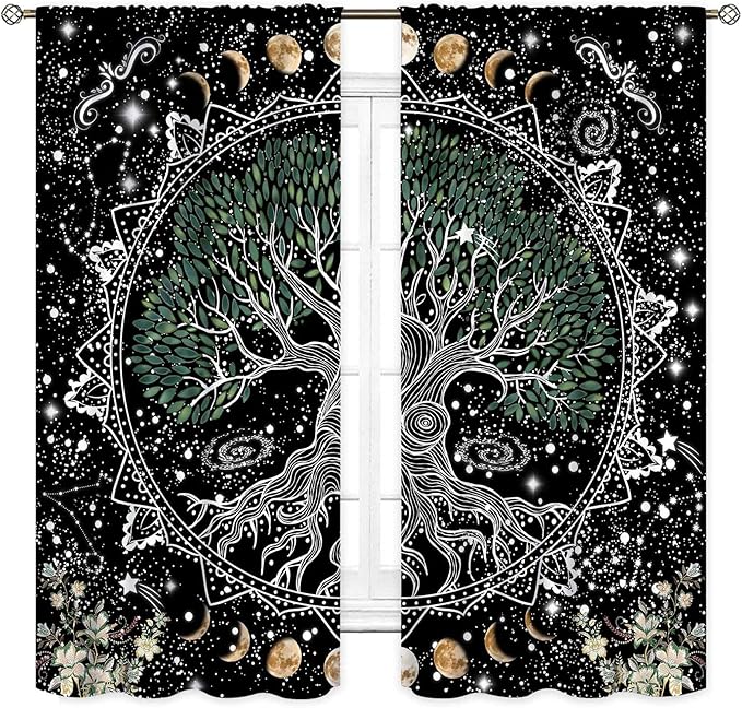 Life Tree Curtains, Hippie Sun Moon Trippy Tree of Life Bohemian Mandala Aesthetci Mystic Witchy Blackout Window Drapery Treatments for Bedroom Living Room Bathroom Decor, 63"x72" Inch