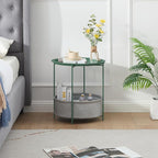 VECELO Round Side/End Table with Fabric Storage Basket，Metal Anti-Rust and Waterproof Small Bedside Nightstand with Removable Tray Top for Living Room，Balcony & Laundry，Dark Green /1pcs with Basket