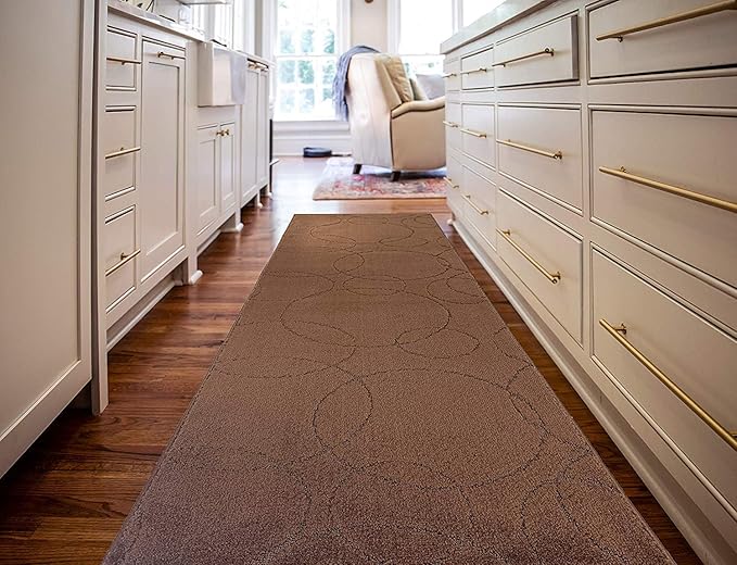 Custom Size Modern Geometric Pattern Carpet Runner Rug for Hallways, Slip Resistant Latex Rubber Backed, 31 inch Wide X Customized Length, Circles Brown, 31 inch X 18 feet