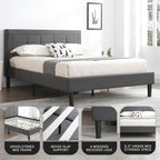 Decoro Mornington Upholstered 2.0 Platform Bed, Button-Tufted Fabric Headboard and Metal Frame with Wood Slat Support, Light Grey, Full